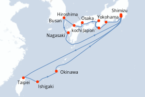 carte itinéraire croisière Asie 19 jours au départ du port de Yokohama