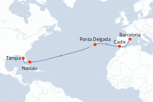 carte itinéraire croisière Transatlantique 14 jours au départ du port de Barcelone
