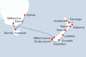 Carte itinéraire croisière Australie, Nouvelle-Zélande - 14 jours au départ de Sydney - Australie Nouvelle Zélande