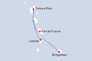 Carte itinéraire croisière France, Sainte-Lucie, Barbade - 3 jours au départ de Fort de France - Caraïbes Bahamas