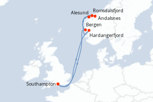 carte itinéraire croisière Fjörds norvégiens 7 jours au départ du port de Southampton