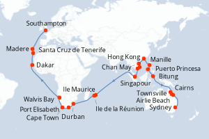 carte itinéraire croisière Europe du Nord 65 jours au départ du port de Sydney