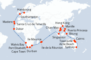 carte itinéraire croisière Europe du Nord 67 jours au départ du port de Sydney