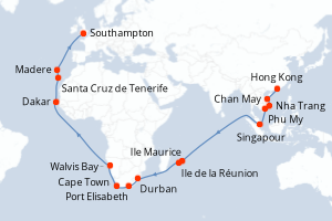 carte itinéraire croisière Europe du Nord 46 jours au départ du port de Hong Kong