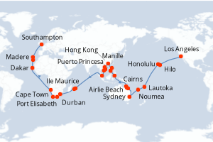 carte itinéraire croisière Transatlantique 83 jours au départ du port de Los Angeles