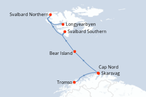 Carte de l'itinéraire de croisière Tromso-Longyearbyen d'une durée de 9 jours