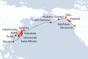 Carte de l'itinéraire de croisière Vancouver-Kobe d'une durée de 34 jours