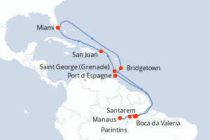 carte itinéraire croisière Caraïbes Bahamas 22 jours au départ du port de Miami