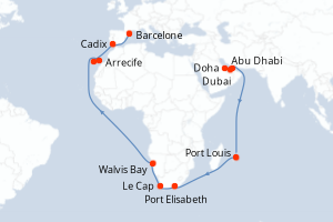 Carte de l'itinéraire de croisière Doha-Barcelone d'une durée de 35 jours