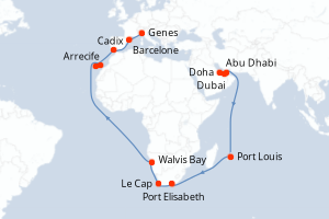 Carte de l'itinéraire de croisière Doha-Genes d'une durée de 36 jours