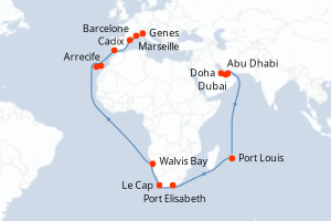 Carte de l'itinéraire de croisière Doha-Marseille d'une durée de 37 jours