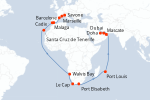 Carte de l'itinéraire de croisière Savone-Doha d'une durée de 42 jours