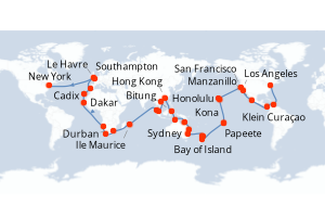 carte itinéraire croisière Amérique du Nord 108 jours au départ du port de New York