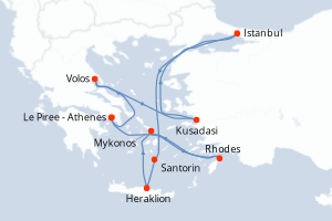 Carte de l'itinéraire de croisière Le Piree - Athenes-Le Piree - Athenes d'une durée de 9 jours