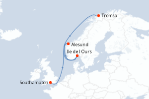 carte itinéraire croisière Fjörds norvégiens 6 jours au départ du port de Southampton