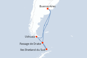 Carte de l'itinéraire de croisière Buenos Aires-Buenos Aires d'une durée de 13 jours