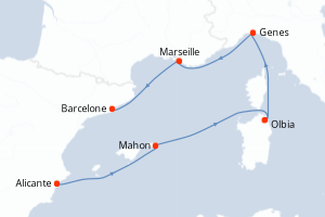 carte itinéraire croisière Sardaigne 5 jours au départ du port de Alicante