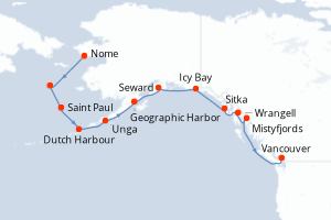 Carte de l'itinéraire de croisière Nome-Vancouver d'une durée de 17 jours
