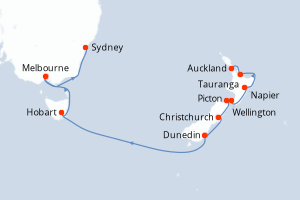 Carte itinéraire croisière Nouvelle-Zélande, Australie - 14 jours au départ de Auckland - Australie Nouvelle Zélande