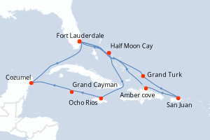 Carte de l'itinéraire de croisière Fort Lauderdale-Fort Lauderdale d'une durée de 14 jours