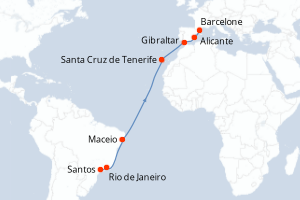 carte itinéraire croisière Transatlantique 15 jours au départ du port de Santos