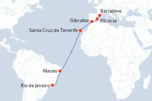 carte itinéraire croisière Transatlantique 14 jours au départ du port de Rio de Janeiro