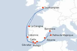 carte itinéraire croisière Europe du Nord 14 jours au départ du port de Southampton
