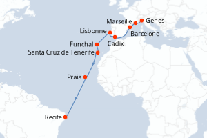 carte itinéraire croisière Transatlantique 16 jours au départ du port de Genes