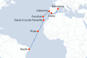 carte itinéraire croisière Transatlantique 14 jours au départ du port de Barcelone
