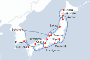 Carte itinéraire croisière Japon, Corée du Sud - 28 jours au départ de Tokyo - Asie