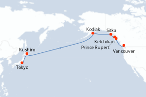Carte de l'itinéraire de croisière Tokyo-Vancouver d'une durée de 15 jours