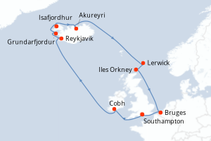 Carte de l'itinéraire de croisière Southampton-Southampton d'une durée de 14 jours