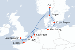 carte itinéraire croisière Europe du Nord 12 jours au départ du port de Southampton