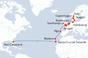 carte itinéraire croisière Transatlantique 27 jours au départ du port de Southampton