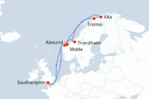 Carte de l'itinéraire de croisière Southampton-Southampton d'une durée de 14 jours