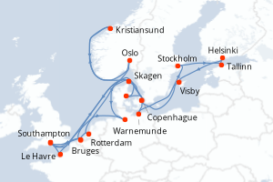 carte itinéraire croisière Europe du Nord 28 jours au départ du port de Southampton