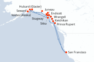 Carte de l'itinéraire de croisière San Francisco-San Francisco d'une durée de 20 jours