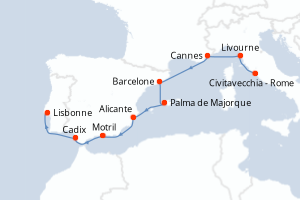 Carte de l'itinéraire de croisière Civitavecchia - Rome-Lisbonne d'une durée de 9 jours