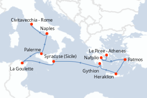 carte itinéraire croisière Sicile 12 jours au départ du port de Le Piree - Athenes