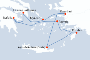 Carte de l'itinéraire de croisière Le Piree - Athenes-Le Piree - Athenes d'une durée de 7 jours