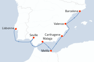 carte itinéraire croisière Méditerranée 9 jours au départ du port de Lisbonne