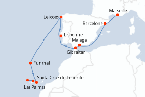 carte itinéraire croisière Iles Canaries 13 jours au départ du port de Marseille