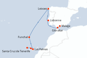 carte itinéraire croisière Iles Canaries 10 jours au départ du port de Malaga