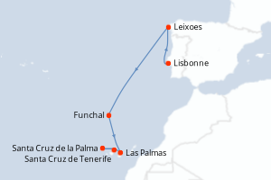 Carte itinéraire croisière Portugal, Espagne - 7 jours au départ de Lisbonne - Iles Canaries