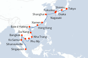 carte itinéraire croisière Asie 27 jours au départ du port de Tokyo