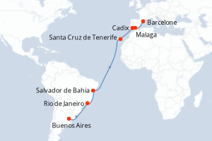 carte itinéraire croisière Transatlantique 17 jours au départ du port de Buenos Aires
