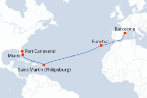 carte itinéraire croisière Transatlantique 14 jours au départ du port de Port Canaveral