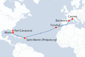 carte itinéraire croisière Transatlantique 15 jours au départ du port de Port Canaveral