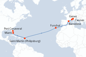 carte itinéraire croisière Transatlantique 16 jours au départ du port de Port Canaveral