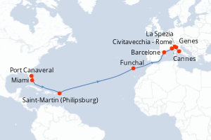 carte itinéraire croisière Transatlantique 18 jours au départ du port de Port Canaveral